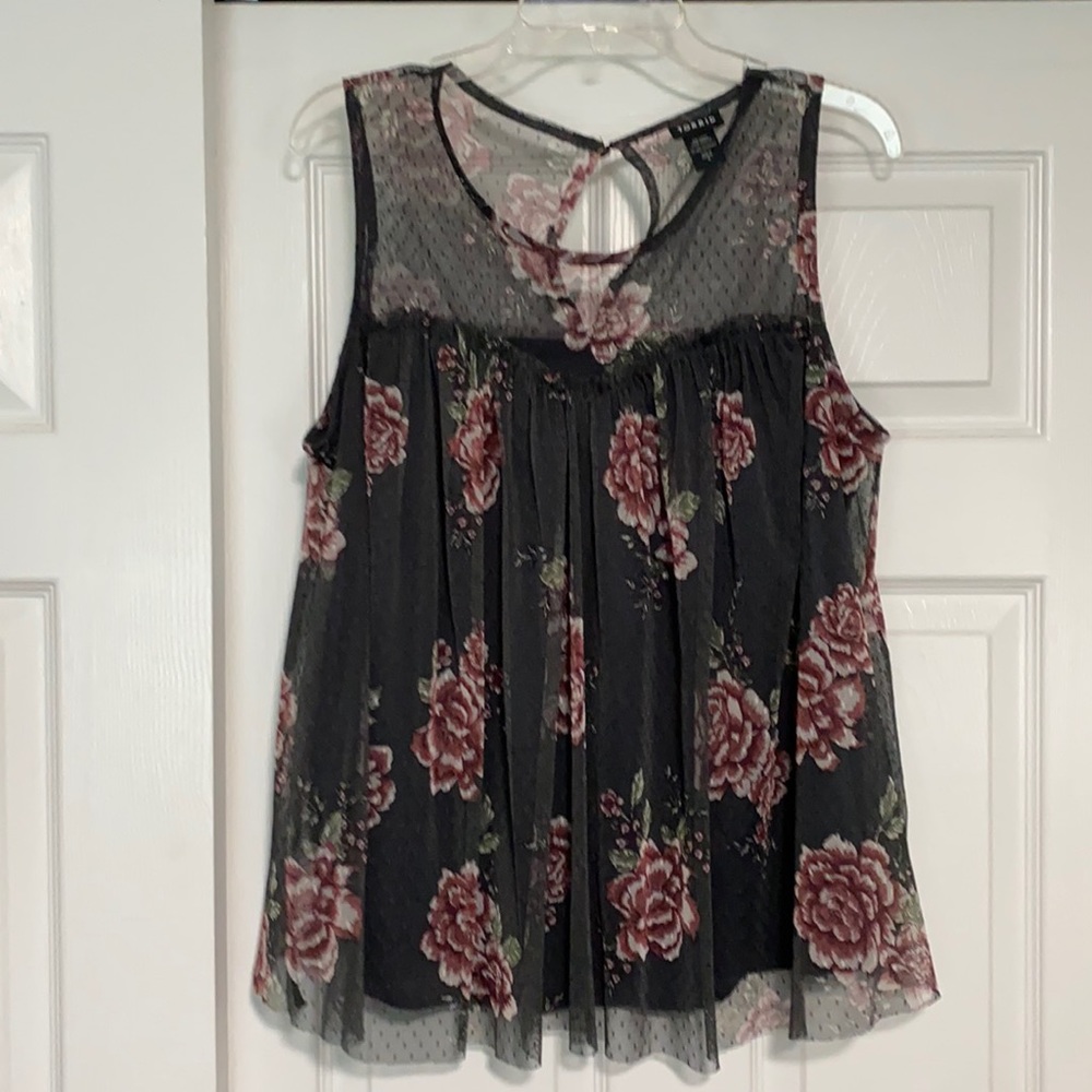 Floral tank, sheer overlay